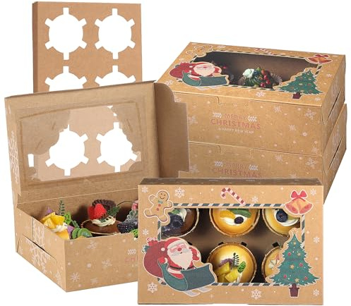 Fippy 20 Stück Weihnachten Cupcake Box 6er mit Sichtfenster, Weihnachten Cupcake Schachtel Box, Weihnachts Kekskästen Boxen Geschenkboxen für Cupcakes Desserts Keksen(Kraft-Weihnachten Style 6 Löcher)