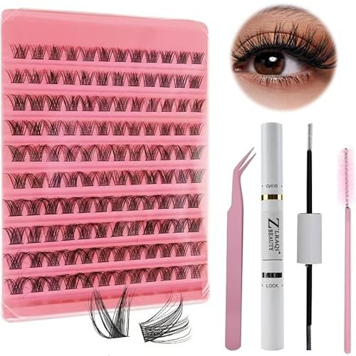 KATIMI 120 Stück Wimpern lash Extensions Set, 8-16mm Cluster Lashes mit Wimpernkleber, Kosmetikspiegel, Versiegelungspinzette und Curl Künstliche Wimpern für Heimwerker zu Hause