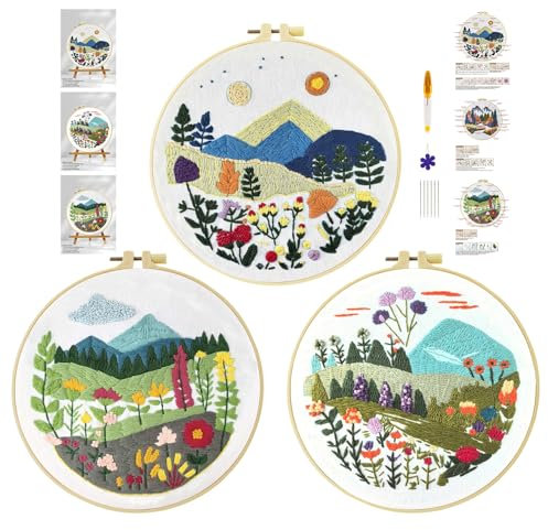 cukol cukol 3pcs Kit Ricamo Principianti Pianta Fiore, Embroidery Kit, Schemi per Set Ricamo Starter Mezzo Punto Croce Kit da Ricamare Mezzopunto a Mano Stampato Bambini