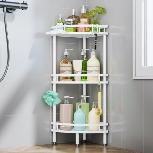 HapiRm Freestanding Shower Caddy Corner- 3-Tier Rustproof Shower Corner Shelves with Soap Tray and 4 Hooks, Space-Saving Bathroom Caddy for Bathroom Organiser with 4 Adjustable Feet and Hook