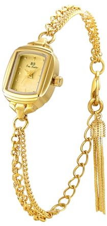 Womens Dainty Silver Gold Rectangle Pearl Dial Tassel Chain Ultra Thin Waterproof Quartz Watch Ladies Dress Casual Elegant Analog Wristwatch Bracelet (Gold)
