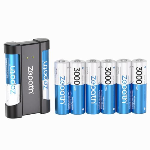 Zepath 8 x AA Rechargeable Lithium Batteries With 2 Slot Charger, High Capacity 3000mAh Lithium AA Battery 1.5V Constant Output 1600 Cycles, Rechargeable Battery Charger Fast Charging