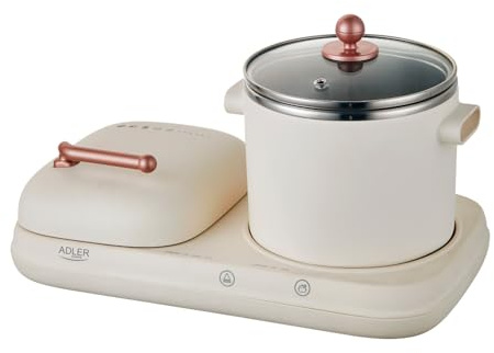 ADLER EUROPE AD 6421 Estación de Desayuno 2 en 1 con Olla de Cocción de 1,0 L y Superficie de Parrilla Antiadherente | Diseño Retro | para Cocinas Pequeñas | Multifuncional 1100-1320W