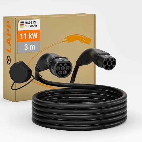 LAPP MOBILITY 11KW Cable de carga de coche eléctrico 3 m tipo 2 cable de carga de coche – IP55 resistente al agua Cable tipo 2 11 KW 20 a – Cable de carga tipo 2 modo 3 – Negro – Fabricado en Alemania