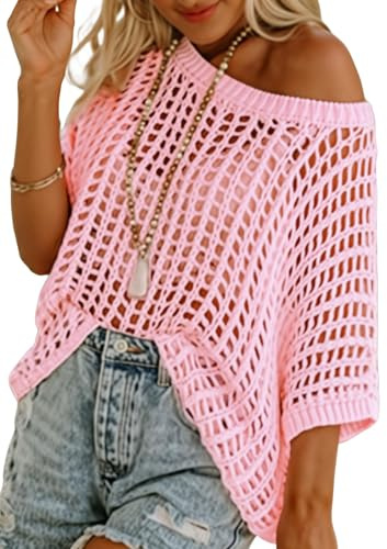 Chicrise Pull en crochet pour femme - Épaules dénudées - Col rond - Pull en tricot surdimensionné - Crochet Cover Up Mesh - Haut Lechit décontracté, Rose, XXL