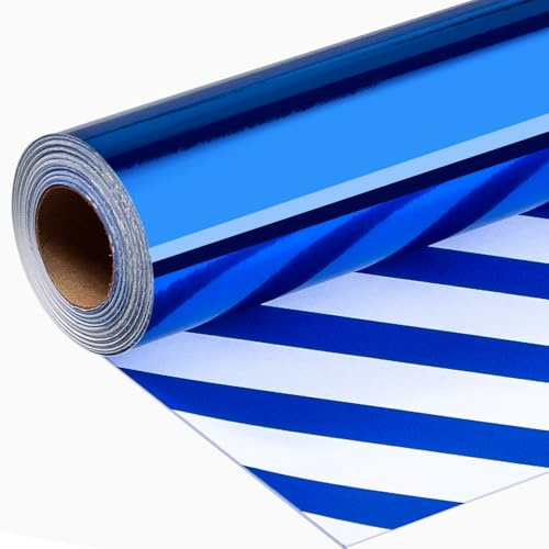 Wikadlik Blaues Geschenkpapier – Metallic-Blau, einfarbig und Streifen, wendbares Geschenkpapier für Geburtstag, Vatertag, Weihnachten, Babyparty, 43 cm x 10 m, Mini-Rolle