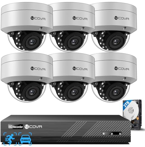 4COVR PoE CCTV Camera Systems 5MP, 8CH NVR 2TB HDD, ELY54AX5M0806 | 6×5MP Security IK10 Vandal-Proof Wired Dome PoE IP Camera IP67, AI Human Vehicle Detection, 24/7 Home Surveillance Outdoor