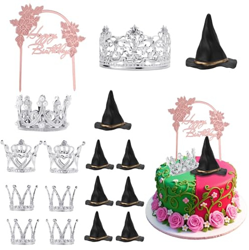 SAVITA 17 Uds Adorno para Tarta con Forma de Sombrero y Corona de Bruja, Mini Sombrero Bruja y Corona Plateada Adorno Tarta Feliz Cumpleaños para Halloween Fiesta Decoraciones
