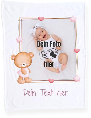 GRAZDesign Personalisierte Babydecke mit Namen und Foto Mädchen Baby Geschenke Geburtsgeschenk Kuscheldecke aus Fleece