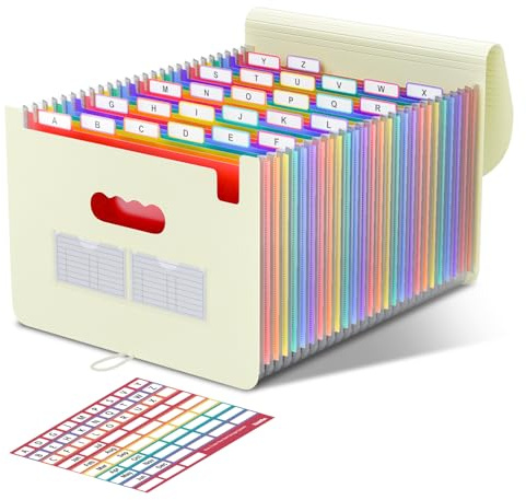 ThinkTex Filorganiserare med 26 fickor, A4 expanderande filmappar, dokumentorganisatör, dragspelsorganisatör, bärbar månatlig fakturakvittoorganisatör, färgglada flikar, brev/A4-storlek - morandigul