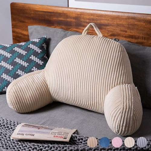 Rückenkissen Bett 80×50×15CM, Cord Lesekissen für Bett und Sofa, Bettkissen Rückenlehne mit Armlehne, Rückenkissen Sofa Groß Rückenstützkissen Kopfteil Wandkissen mit Waschbarem Bezug, Beige