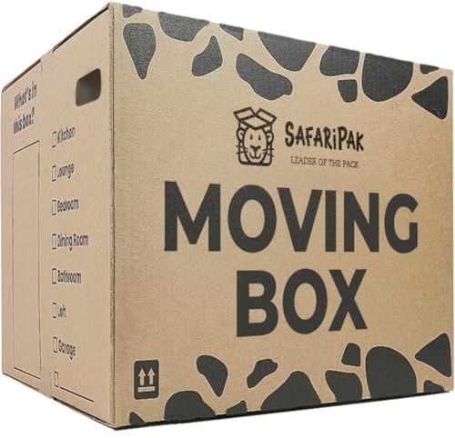 SAFARIPAK - 10 Pack Strong Extra Large Reusable Cardboard Storage Packing Moving House Boxes 52cm x 52cm x 40cm with Carry Handles and Room List Checkboxes - 108 Litres Capacity