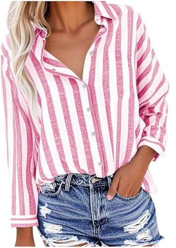 Camisas Mujer Manga Larga,Camiseta Blusa Original Verano Otoño Moda Casual Camisas de Raya Cómodo Suelto Cuello Solapa Botones Tops Shirt Oficina Negocios Elegante Basic tee 2025