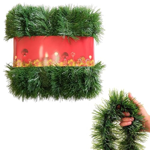 Junhui 15m Guirnalda de Navidad Artificial, Guirnalda Perenne con Núcleo de Alambre, Decoración Verde para Escaleras, Chimenea, Bodas y Fiestas Navideñas