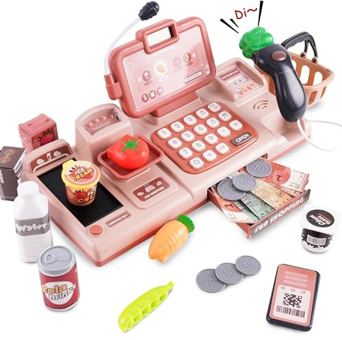 Cash Register Toy Shopping Till Set with Pretend Play Calculator,Supermarket Shop Toys with Sound,Microphone,Scanner,Credit Card and Conve Belt Play Food for Toddler Boys Girls