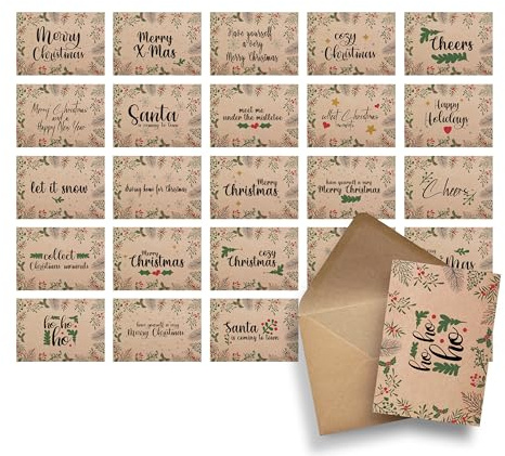 Ausgewählt verpackt Weihnachtskarten mit Umschlag Set – 25 Weihnachtspostkarten, A6 – lustige Karten mit Sprüchen zu Weihnachten – ausgefallen oder klassisch – (ENGLISCH, SET 5)