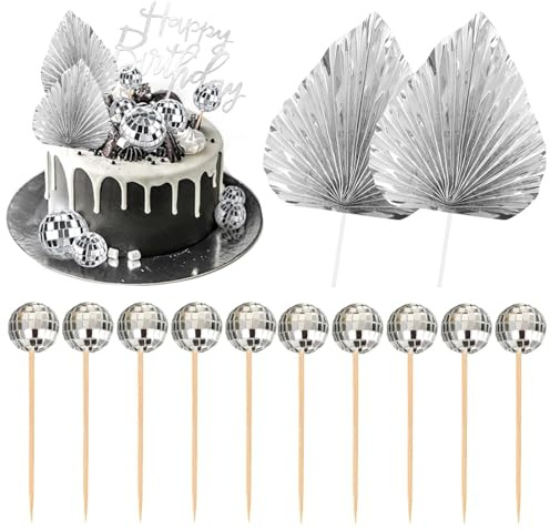 DAVBNM 12Pcs Cake Decoration Mini Disco Balls with Paper Palm Fan Cake Toppers Easy to Operate Disco Topper Stylish for Decorating can Adorn Cakes Cupcakes Pies Ice Creams and Desserts Etc