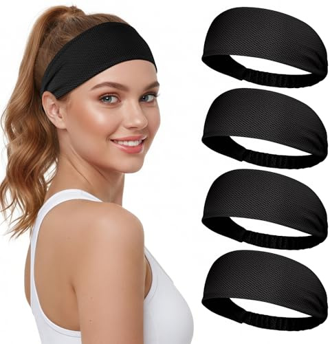 Awumbuk Stirnband Damen Sport, 4er-Pack Haarband Elastisch, Schweißableitend und Atmungsaktiv, Antirutsch, für Yoga, Laufen, Fitness- Schwarz (Schwarz)