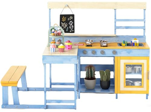GYMAX Kids Mud Kitchen, Outdoor Children Pretend Play Kitchen (Blue+yellow) | with Picnic Table, Bench, Blackboard, Stoves, Kitchenware & Dessert Accessories, Wooden Toy Kitchen Set for 3+ Years Old