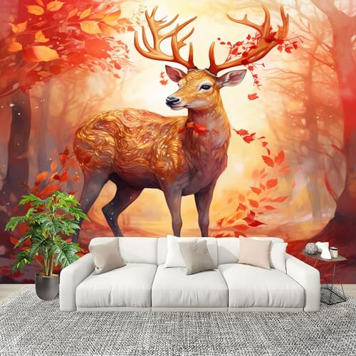Papel Tapiz Fotográfico 250x175cm FantasíA Bosque Animales Ciervos Hojas De Arce 3D Murales Póster Moderna Fotomurales Naranja Para Cuarto de Niño Salón Dormitorio Oficina Decorar