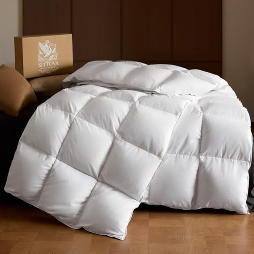 Goose Down Fiber Comforter Queen Size – All-Season Hotel Quality Duvet Insert, High Fill Power, Ultra Soft 100% Cotton, Box-Stitched, Breathable, Lightweight Luxurious White Bedding, 90x 90