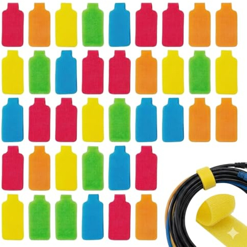 50 Etiquetas para Cables Reutilizables, Etiquetas Escribibles con Cierre de Gancho y Bucle 4 x 2 cm, Organizador de Cables para PC, TV, Oficina y Hogar, Multicolor, Resistentes al Borrado