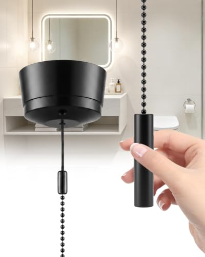 Lamptobe Black Bathroom Pull Cord Light Switch Ceiling Mounted 10AX 1 Way 1.5M Beaded Chain Pull Cord Switch for Shower Toilet Damp Room Ceiling Fan Light Bedroom Chandelier Pendant Utility Room