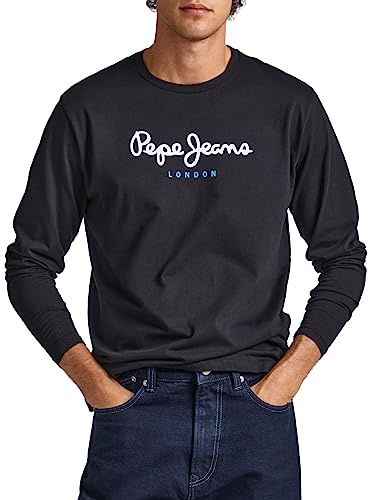 Pepe Jeans London Eggo Long N T-Shirt a manica lunga da uomo, vestibilità regolare, 100% cotone, girocollo con logo sul petto, Nero