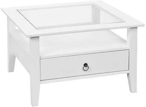 AltoBuy Natur - Table Basse Carrée Bois Massif Vernis Blanc et Verre