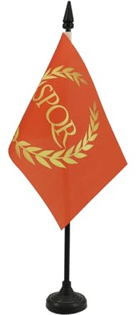 AZ FLAG Tischflagge Römische Kaiserzeit 15x10 cm Kunststoffsockel | Für innen Tischflagge genähte Ausführung mit verstärkten Kanten mit Kunststoffstab 100D Polyester