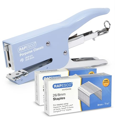Rapesco 1355A Porpoise Grapadora de Tenaza con 10.000 Grapas Tipo 26/8 mm, Capacidad para 45 Hojas, Celeste