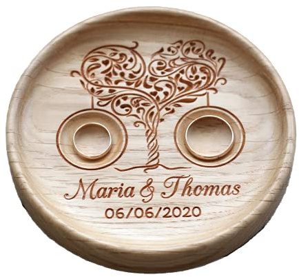 Ringkissen aus Eiche mit gravierten Namen und Datum, Ringschale Ringträger Hochzeit holz, Hochzeitsgeschenk, Baum der Liebe, Love Tree.