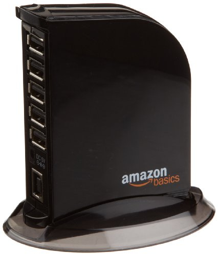 Amazon Basics 7 Port USB 2.0 Hub Tower with 5V/4A Power Adapter, Plug and Play, Charging Ports, Black