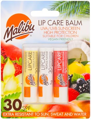 Malibu Sun LSF 30 Lippenbalsam, Sonnencreme, Vanille, Tropisch, Erdbeere, 3 x 5 g