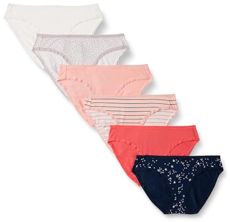 Amazon Essentials Women's Bikinitrosor underkläder i bomull (finns i plusstorlek), Pack of 6, Flerfärgad/Prickar/Rand/Stjärnor, M