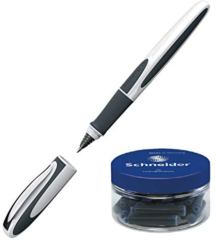 Schneider Ray Tintenroller (Nachfüllbar mit Standard Tintenpatronen, geeignet für Rechts- und Linkshänder) 1 Stück weiß/dunkelgrau incl. 30 Patronen blau in praktischer Dose