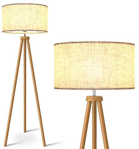 LEPOWER Lámpara de pie con trípode de madera, lámpara de pie de mediados de siglo para sala de estar, pantalla de lámpara de lino, lámpara de pie de diseño moderno con base E26, luz de pie alta para