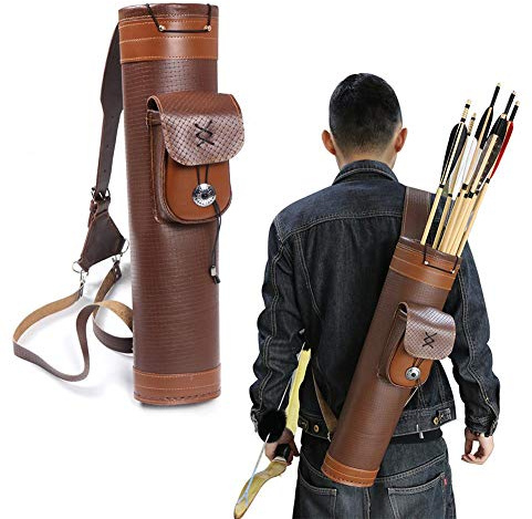 hinffinity Carquois en Cuir Véritable Monté Au Dos Traditionnel Arc Flèche Titulaire R avec Grande Poche À La Main Sangles Ceinture Sac (Brun)