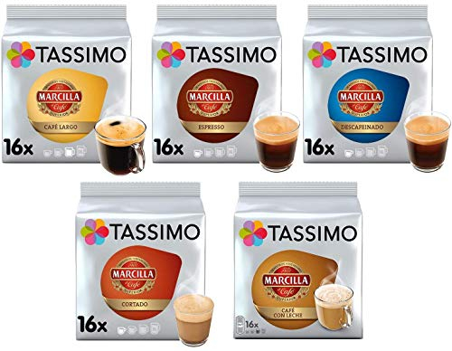 Tassimo Coffee Marcilla Coffee Selection - Marcilla Café con Leche/Cortado/Espresso/Café Largo/Espresso Descafeinado Coffee Pods - 5 Packs (80 Servings)