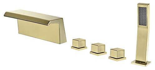 Wasserfall Badewannenarmaturen mit Kaltes und Heißes Wasser, 5 Löcher Messing Duschset mit Handbrause, Quadratischer Griff, für Wellness, Luxus und Duschvergnügen im Eigenen Bad,Brushed Gold