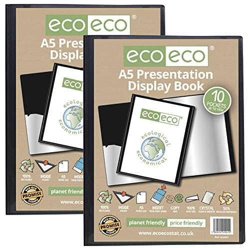 eco-eco eco041x2 Präsentationsbuch, A5-Format, 50% recycelt, 10 Taschen, Schwarz, Präsentationsmappe mit Kunststoffhüllen, 2 Stück