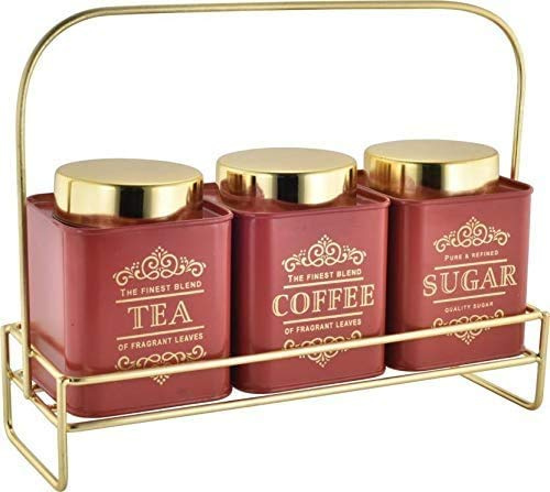 Nobel Vintage Gold & Red Canister Set - Tea, Coffee, Sugar - 3 x 900ml, 10cm x 10cm x 12.5cm