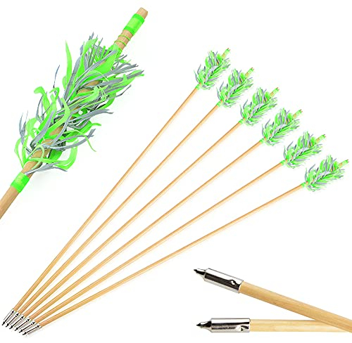 SHARROW Bogenschießen Holzpfeile Flu Flu Pfeile 32 Zoll Jagdpfeile Pfeile für Bogen mit Spiralwickel Natürliche Federn for für die Jagd auf Kleinwild (Farbe 10, 6 Stück)