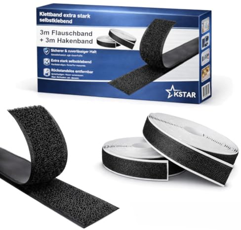 Kstar Klettband Selbstklebend Extra Stark – Klettverschluss zum Kleben Schwarz – Hakenband & Flauschband Set – Klett Klebeband – Profi Qualität – 16mm x 3m