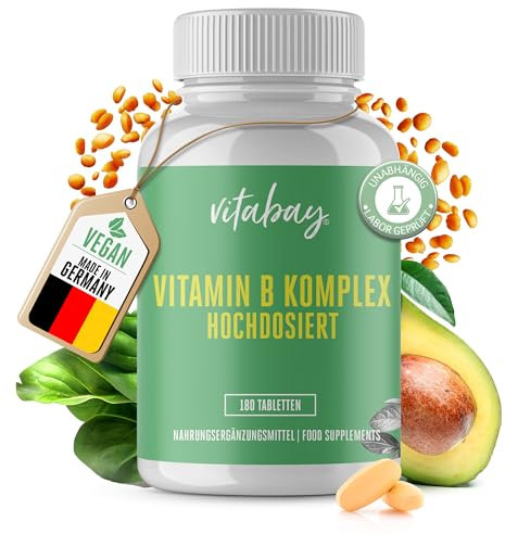 Vitabay Vitamin B Komplex hochdosiert - 180 Tabletten für 6 Monate - enthält alle 8 B-Vitamine (B1, B2, B3, B5, B6, B7, B9, B12) - Vit B Komplex ohne Zusätze - vegan und laborgeprüft in Deutschland