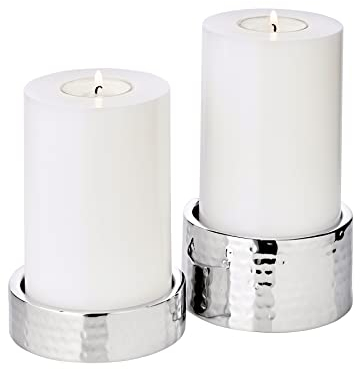 EDZARD 2er Set Kerzenhalter Luca, Edelstahl gehämmert hochglanzpoliert, Durchmesser 9,5 cm, Höhen 2,5 cm und 5 cm, für Stumpenkerzen Ø 8 cm, ideal für die Dauerkerze Cornelius von Edzard