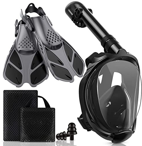 Viginsul Adult Snorkel Set, Full Face Snorkel Mask with Adjustable Fins and Snorkel Fins, Dry Top Panoramic View Diving Mask with Gear Bag, Anti-Leak and Anti-Fog (Black,