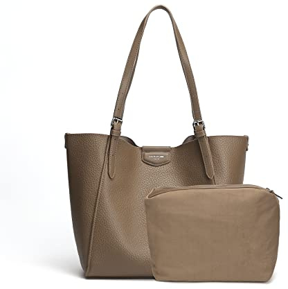 David Jones - Bolso de Hombro Mujer - Bolso de Mano Piel Sintética Suave - Tote Shopper Gran Capacidad A4 Cuero PU - Bolsos Compras Trabajo Asas Largas - 2 Piezas con Embrague - Marrón Topo