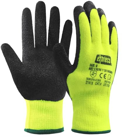 EXBRIECO, Pack of 6 or 12 pairs, protective gloves, work gloves, polyester and latex, EPI, 2131X, durable, lightweight, abrasion resistance, for gardening, non-slip, yellow.