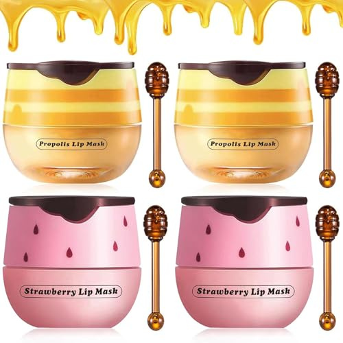 4PCS Strawberry & Bee Lip Balm Honey Pot, Vitamin E & Moisturizing Propolis Sleeping Lip Mask, Effective Reduces Lip Lines Prevention Dry and Cracked Scrubs Exfoliator Smoothing Dry Lip Care